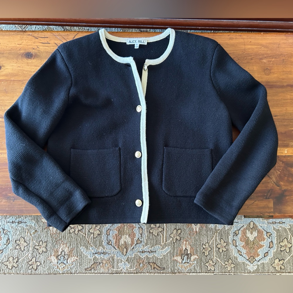 Alex Mill Paris Sweater Jacket, Black with Cream Trim